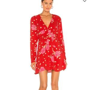 Free People Date Night Red Floral Mini Long Sleeve Dress Sz XS